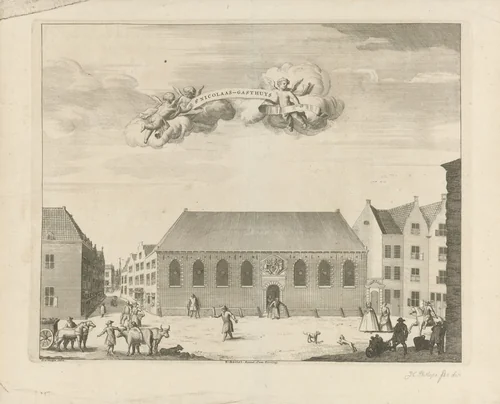 Gezicht op het Sint-Nicolaas Gasthuis te Den Haag by anonymous, print, 1730-1736