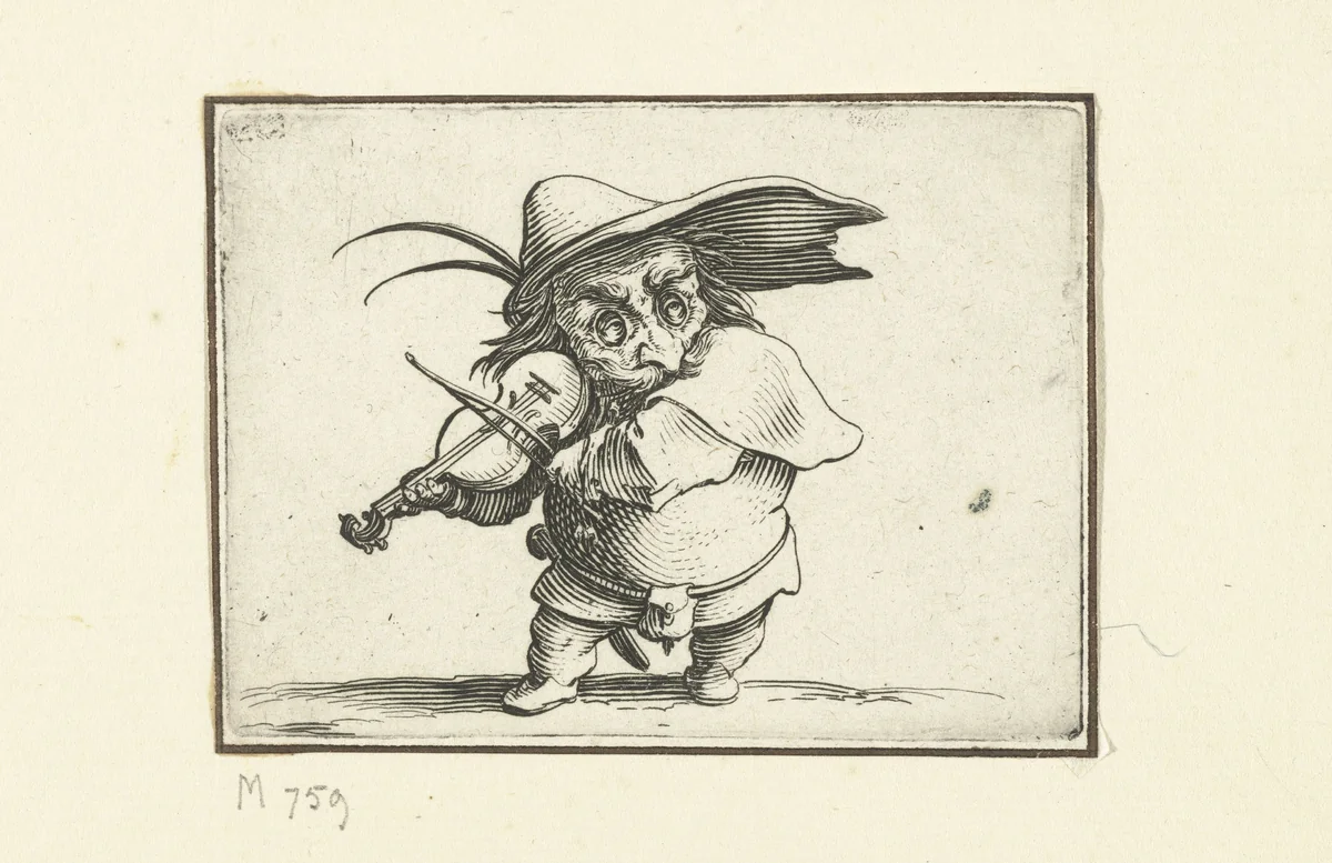 Kleine mens (karikatuur) met viool en zwaard by Jacques Callot, print, 1621-1625