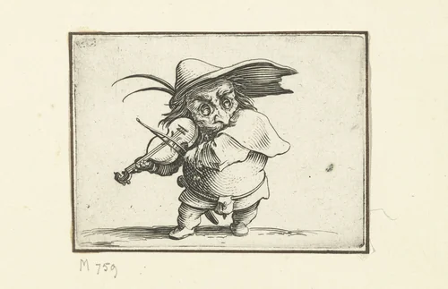Kleine mens (karikatuur) met viool en zwaard by Jacques Callot, print, 1621-1625