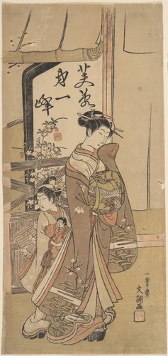 A Courtesan Followed by a Girl Attendant Carrying a Doll by Ippitsusai Bunchō (一筆齊文調), print, 1723-1792