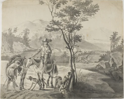 Riders and Dogs in Rocky Landscape by Adam Pynacker, drawing, 1642-1673