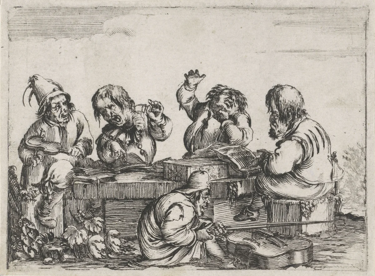 Muziekmakende kleine mensen (karikaturen) by Stefano della Bella, print, 1620-1664
