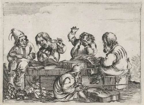 Muziekmakende kleine mensen (karikaturen) by Stefano della Bella, print, 1620-1664