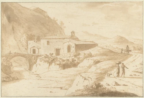 Hilly Landscape with a Chapel by a Bridge by Bartholomeus Appelman, drawing, 1680-1686
