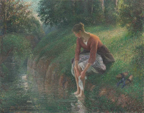 Woman Bathing Her Feet in a Brook by Camille Pissarro, painting, 1894-1895