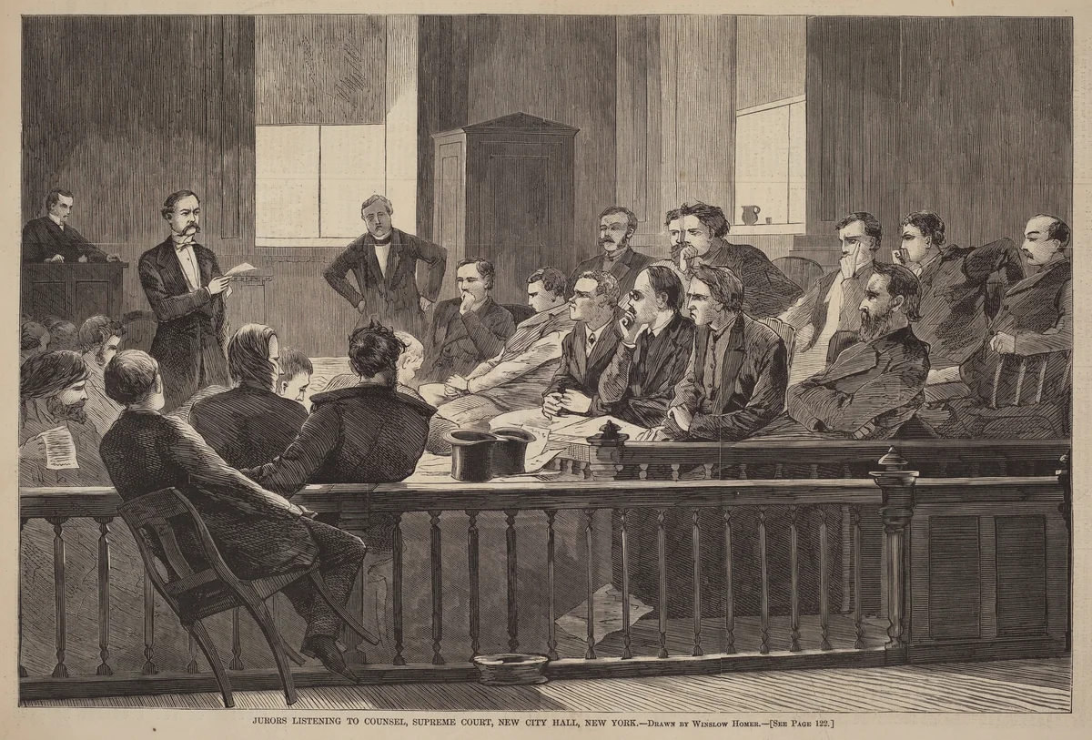 Jurors Listening to Counsel, Supreme Court, New City Hall, New York by Winslow Homer, print, 1869