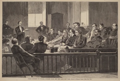 Jurors Listening to Counsel, Supreme Court, New City Hall, New York by Winslow Homer, print, 1869