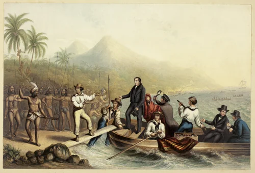 The Reception of the Rev. J. Williams, at Tanna in the South Seas, the Day Before He was Massacred by George Baxter, print, 1841