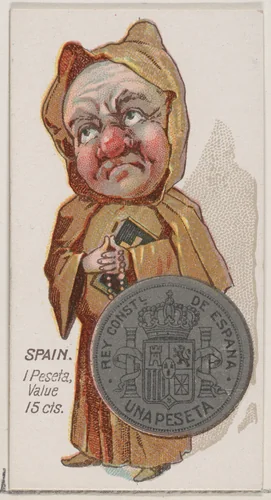 Caricatured Spaniard, 1 Peseta, from the series Coins of All Nations (N72, variation 1) for Duke brand cigarettes by W. Duke, Sons & Co., print, 1889