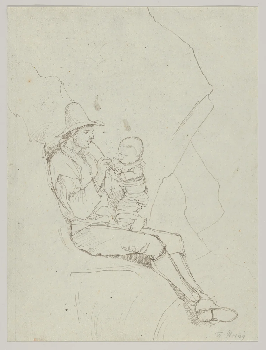 A Seated Italian Shepherd with a Small Child on his lap; verso: A Southern Landscape with a Woman Carrying a Jar on her Head by Franz Theobald Horny, drawing, 1818-1824