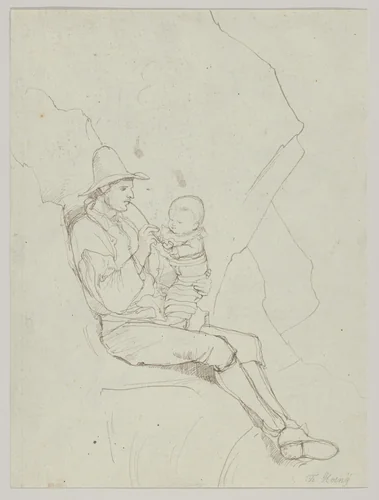 A Seated Italian Shepherd with a Small Child on his lap; verso: A Southern Landscape with a Woman Carrying a Jar on her Head by Franz Theobald Horny, drawing, 1818-1824