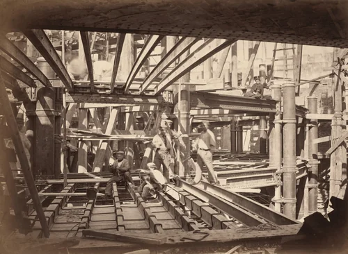 Workers on Girders of Auditorium, New Paris Opera by Hyacinthe César Delmaet; Louis-Émile Durandelle, photograph, 1862-1872