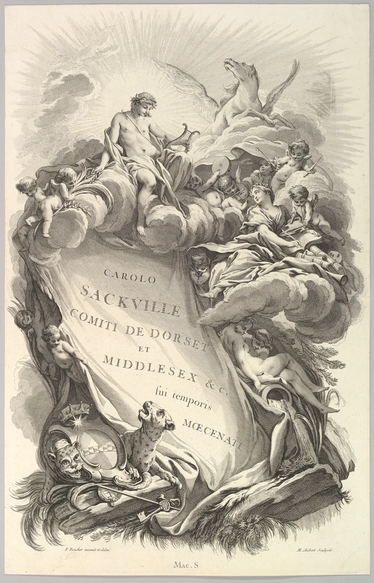 Frontispice pour le "Tombeau de Charles Sackville, comte de Dorset" (Frontispiece for the "Tomb of Charles Sackville, Earl of Dorset", from Tombeaux des Princes, des Grands Capitaines et autres Hommes illustres (Tombs of Princes, Great Captains, and other Illustrious Men) by Michel Aubert, print, 1731-1741
