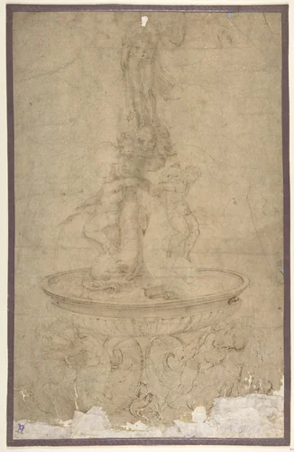 Design for a Fountain with Sea Horses and Triton Base, Basin, Dolphins and Tritons, Three Grotesque heads and Neptune by Battista Franco, drawing, 1545-1555