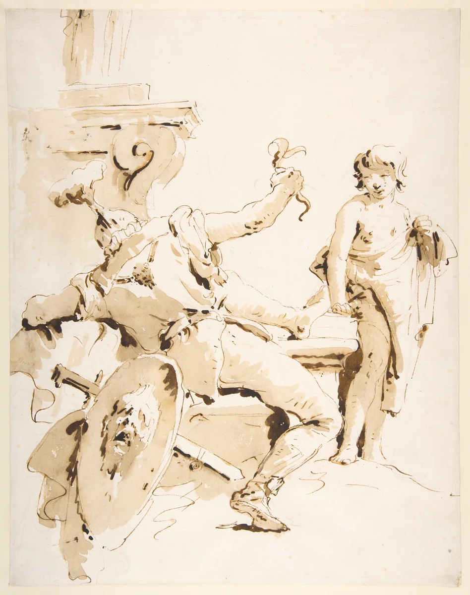 Scherzo di Fantasia: Seated Warrior Holding a Serpent, and Standing Youth by Giovanni Battista Tiepolo, drawing, 1696-1770