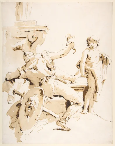 Scherzo di Fantasia: Seated Warrior Holding a Serpent, and Standing Youth by Giovanni Battista Tiepolo, drawing, 1696-1770