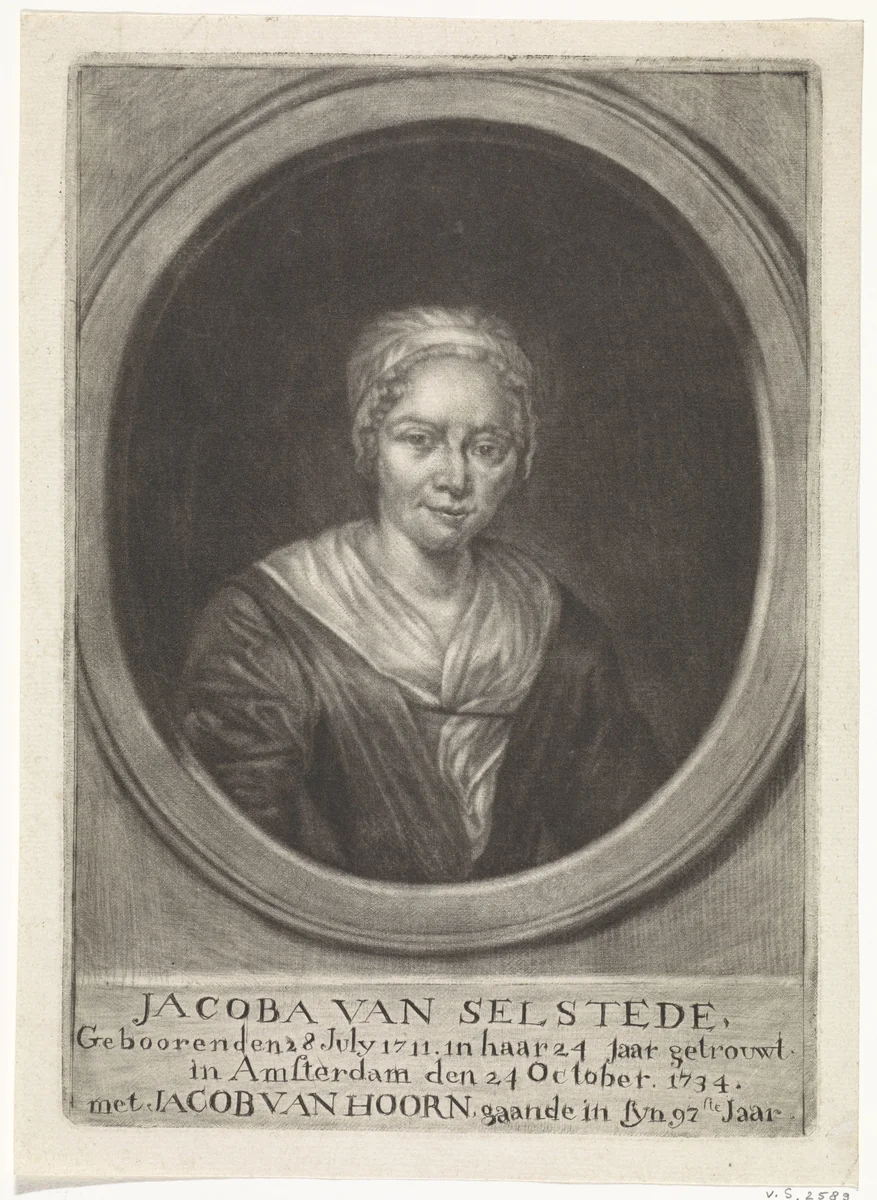 Portret van Jacoba van Selstede by Johannes de Groot, print, 1734-1776