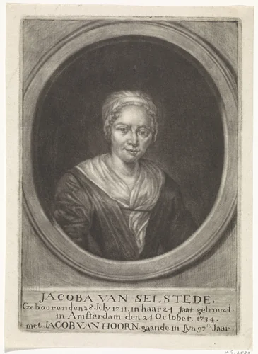 Portret van Jacoba van Selstede by Johannes de Groot, print, 1734-1776