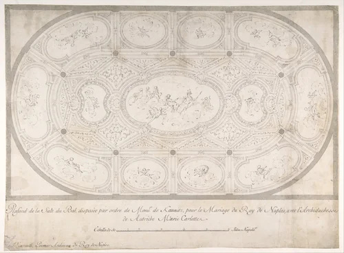 Ceiling of Ballroom decorated for the Marriage of the King of Naples to the Archduchess of Austria by Luigi Vanvitelli, drawing, 1700-1773