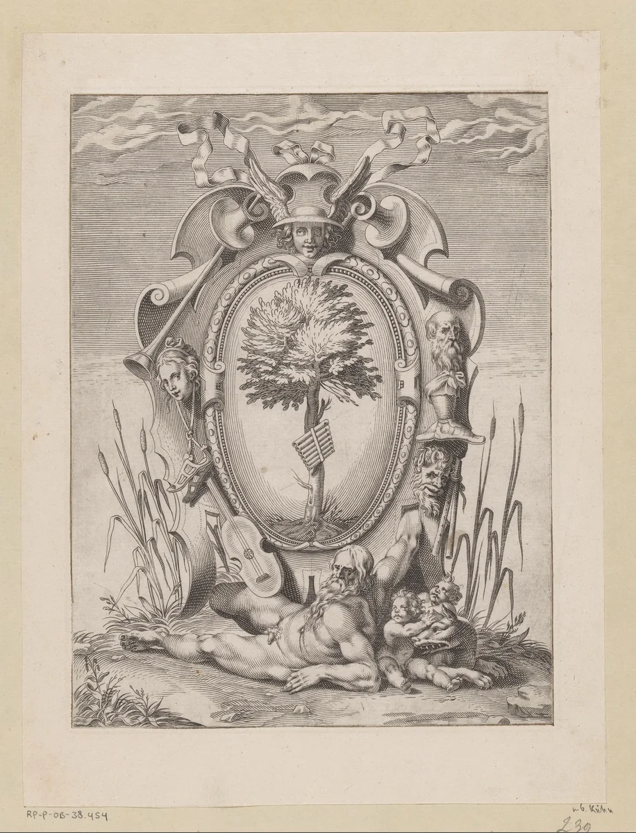 Wapenschild met een panfluit aan een boom by Unknown, print, 1576-1624