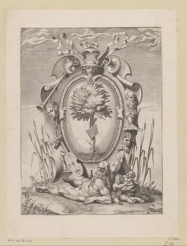 Wapenschild met een panfluit aan een boom by Unknown, print, 1576-1624