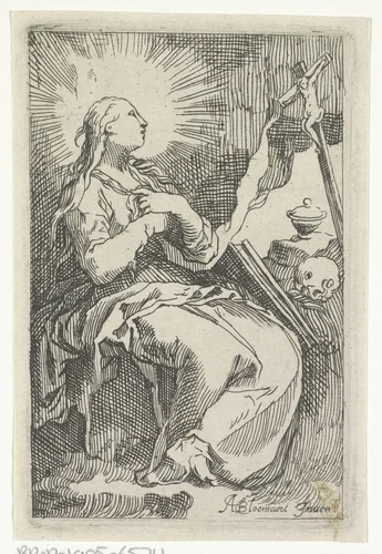 Boetvaardige Maria Magdalena in de grot voor crucifix by Boëtius Adamsz. Bolswert, print, 1610-1615