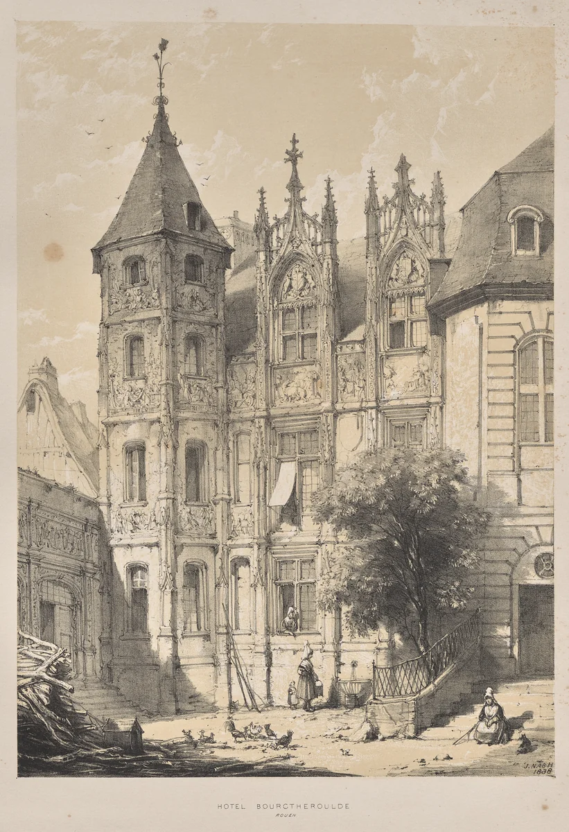 Architecture of the Middle Ages: Hotel Bourgtheroulde, Rouen by Joseph Nash, print, 1838