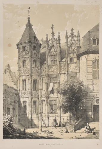 Architecture of the Middle Ages: Hotel Bourgtheroulde, Rouen by Joseph Nash, print, 1838