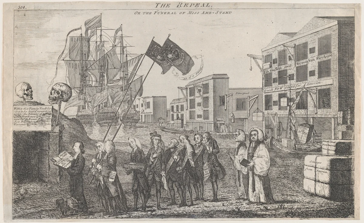 The Repeal, or the Funeral of Miss Ame - Stamp by Benjamin Wilson, print, 1766