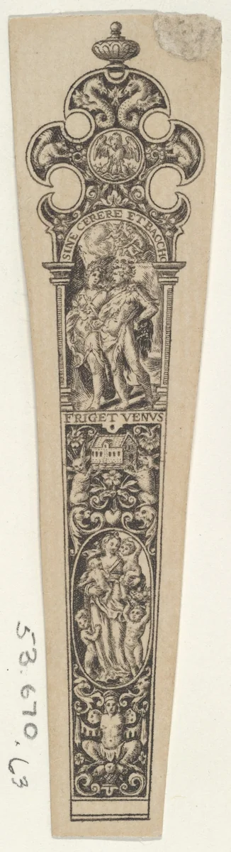 Design for a Knife Handle with 'Sine Cerere et Baccho Friget Venus' by Johann Theodor de Bry, print, 1580-1600