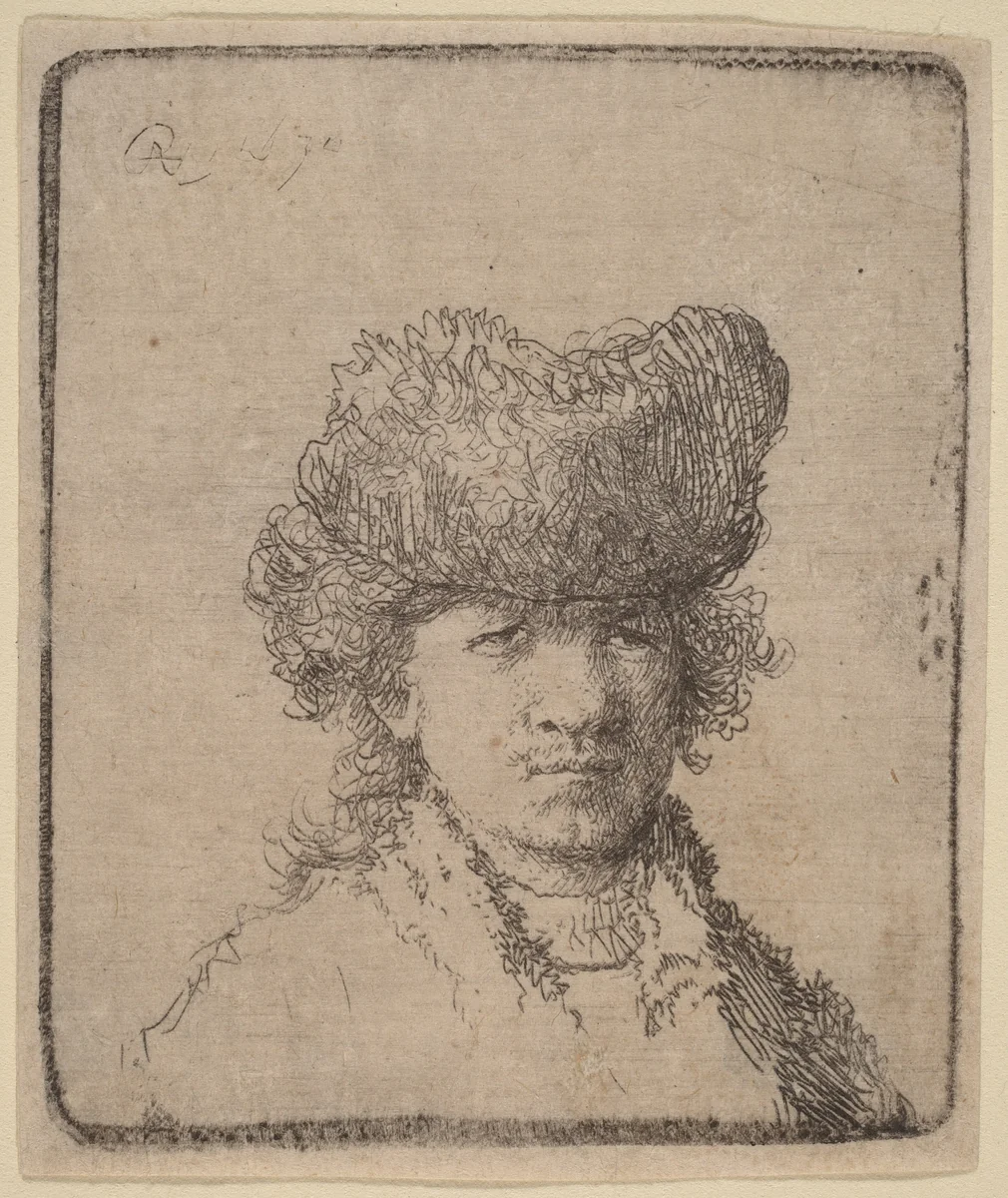 Self-Portrait in a Fur Cap by Rembrandt van Rijn, print, 1630