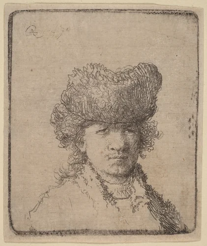 Self-Portrait in a Fur Cap by Rembrandt van Rijn, print, 1630