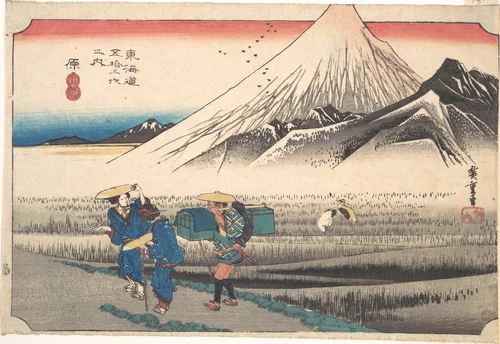 Hara: Mount Fuji in the Morning (Hara, Asa no Fuji), from the series Fifty-Three Stations of the Tōkaidō Road (Tōkaidō gojūsan tsugi), also known as the First Tōkaidō or Great Tōkaidō by Utagawa Hiroshige (歌川広重), print, 1833-1834