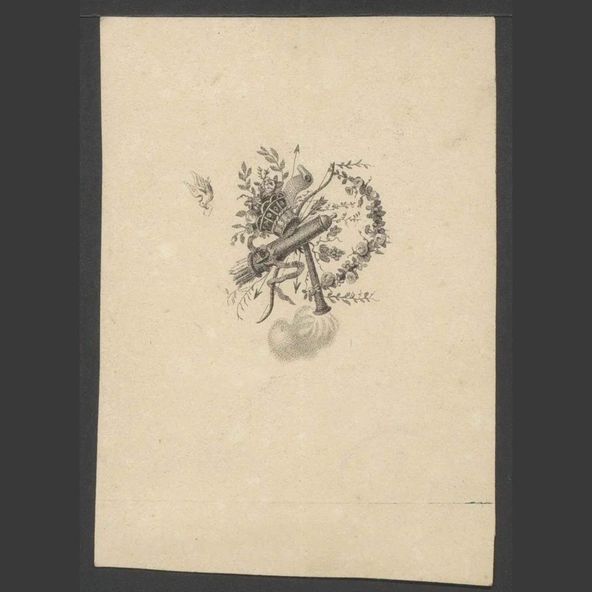 Vignet met kanon, pijlenbundel en mand met bloemen by anonymous, print, 1775-1825