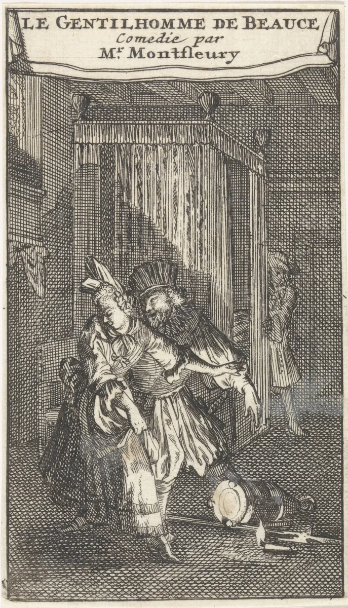Beatrix en de als Zwitser verklede Le Basque worden bespied door Monsieur de Coutre-ville terwijl ze elkaar omhelzen by Caspar Luyken, print, 1698