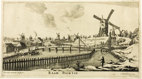 Raam Gate, from The Eight City Gates of Amsterdam by Reinier Nooms, print, 1643-1664