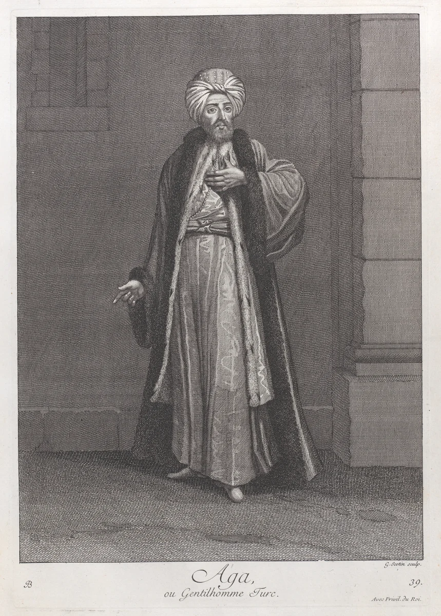 Aga, ou Gentilhomme Turc, plate 39 from "Recueil de cent estampes représentent differentes nations du Levant" by Jean Baptiste Vanmour, print, 1714-1715