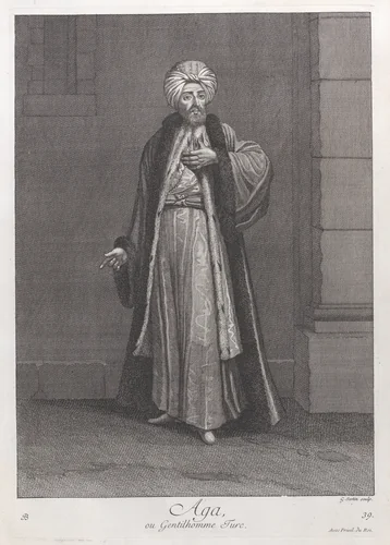 Aga, ou Gentilhomme Turc, plate 39 from "Recueil de cent estampes représentent differentes nations du Levant" by Jean Baptiste Vanmour, print, 1714-1715