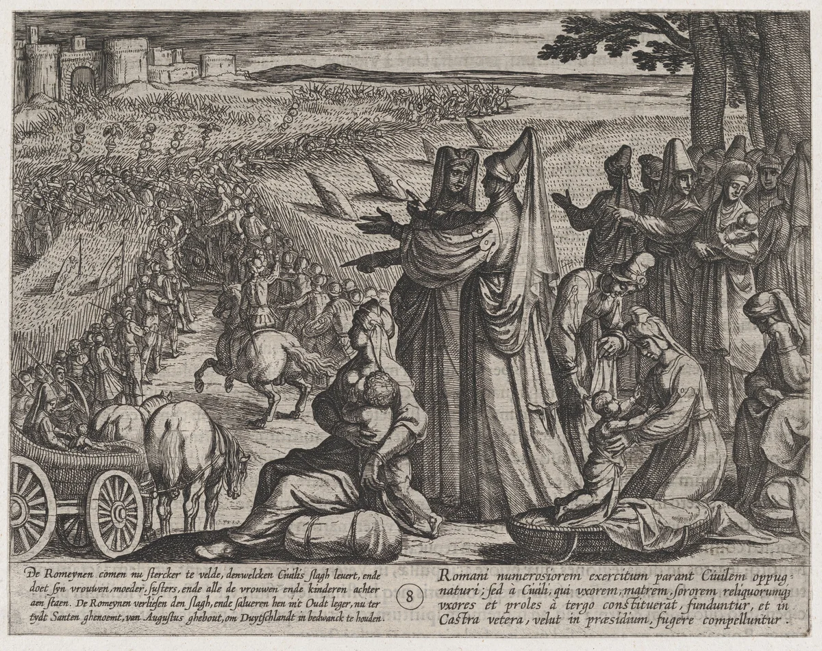 Plate 8: Women and Children Obvserve Civilis Battling the Romans, from The War of the Romans Against the Batavians (Romanorvm et Batavorvm societas) by Antonio Tempesta, print, 1611-1612