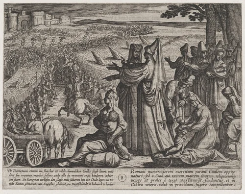 Plate 8: Women and Children Obvserve Civilis Battling the Romans, from The War of the Romans Against the Batavians (Romanorvm et Batavorvm societas) by Antonio Tempesta, print, 1611-1612