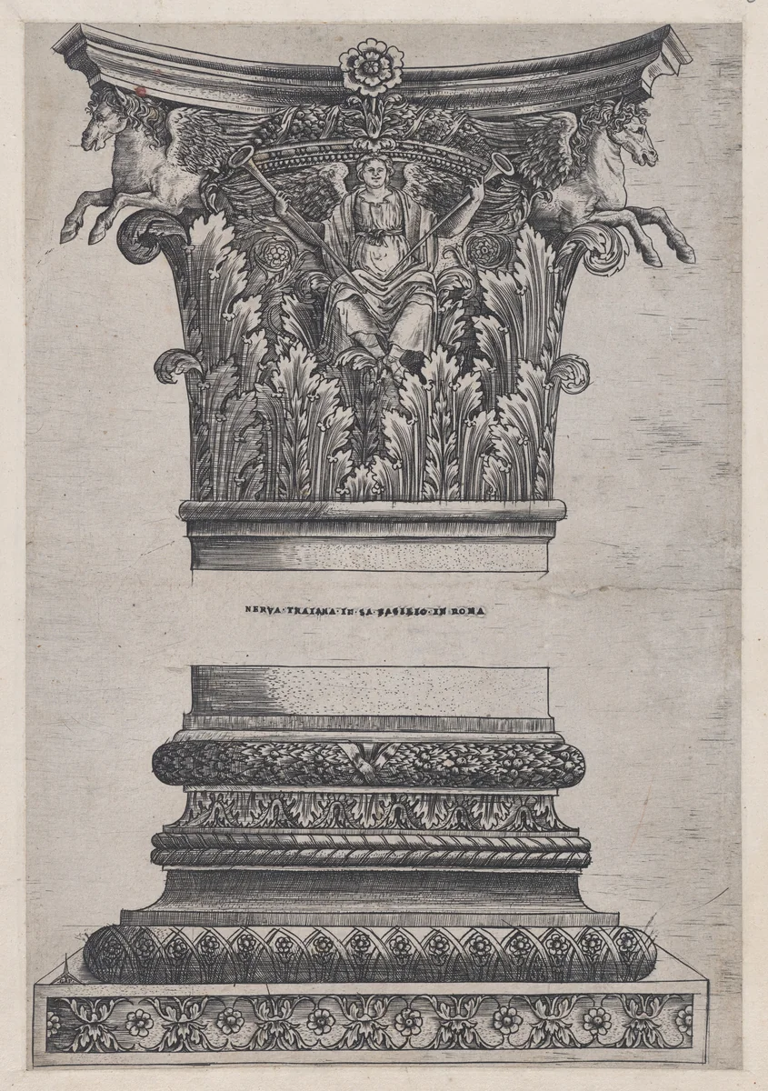 Pegasus capital from the Temple of Mars Ultor and decorated base, from "Speculum Romanae Magnificentiae" by Monogrammist G.A. with the Caltrop, print, 1534-1540