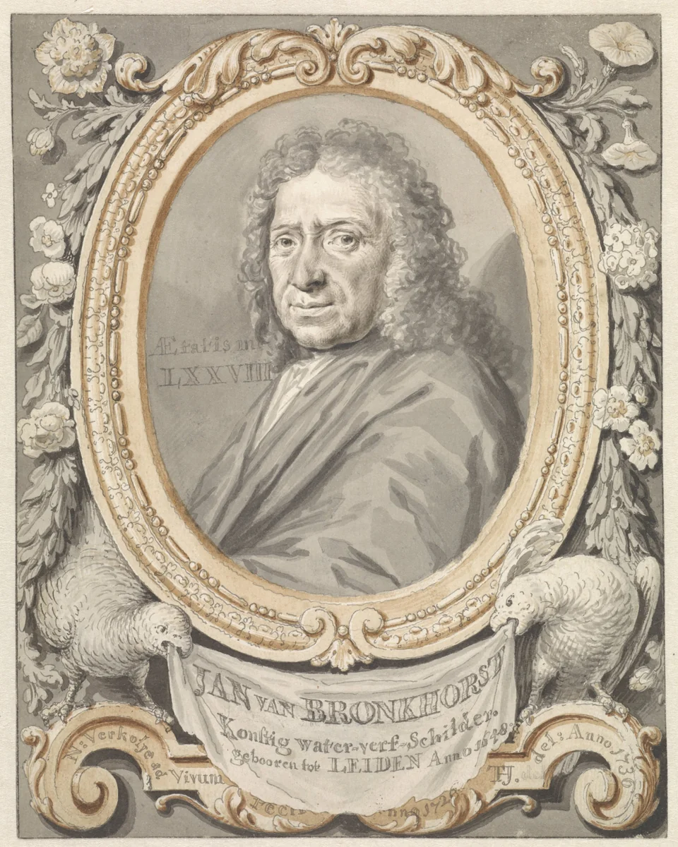 Portret van Johannes (Jan) van Bronkhorst in omlijsting met bloemen en twee vogels by Tako Hajo Jelgersma, drawing, 1736