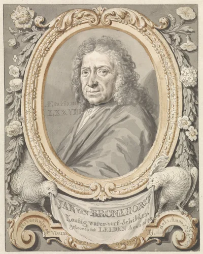 Portret van Johannes (Jan) van Bronkhorst in omlijsting met bloemen en twee vogels by Tako Hajo Jelgersma, drawing, 1736