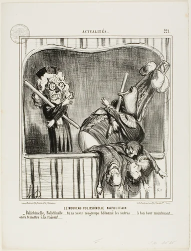 The New Neapolitan Buffoon. “- Polichinelle, Polichinelle, you have cudgelled the others long enough... now it's your turn. We will bring you to reason...,” plate 221 from Actualités by Honoré-Victorin Daumier, print, 1855