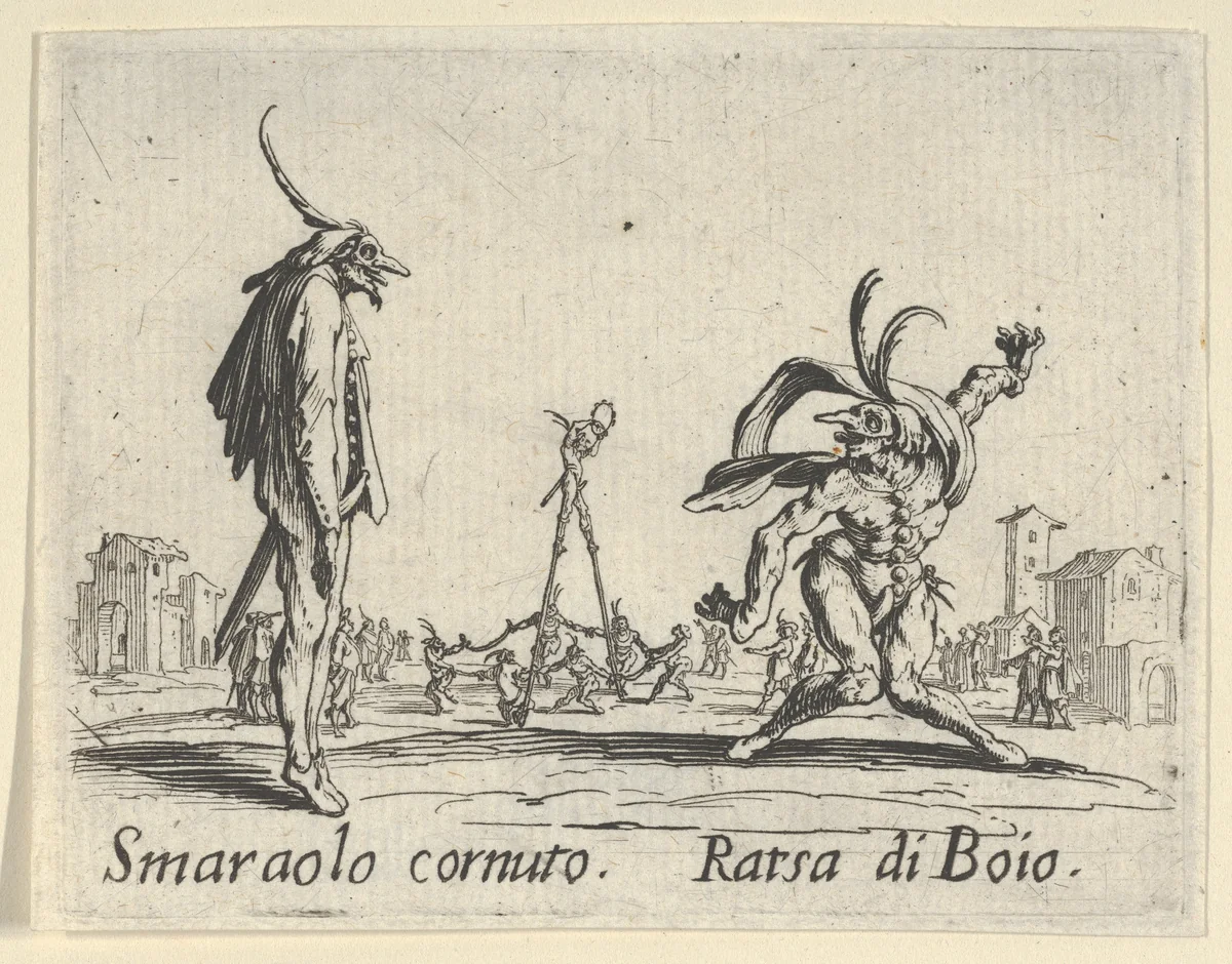 Smaraolo cornuto - Rarsa di Boio, from "Balli di Sfessania" (Dance of Sfessania) by Jacques Callot, print, 1622