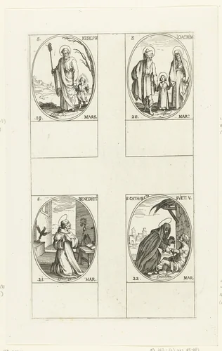 Heilige Jozef, Heilige Joachim, Heilige Benedictus van Nursia, Heilige Catharina van Zweden (19-22 maart) by Jacques Callot, print, 1632-1636
