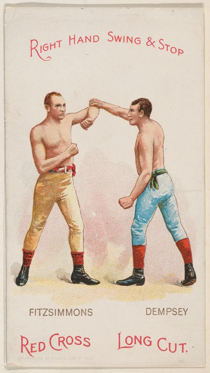 Right Hand Swing and Stop, Bob Fitzsimmons and Jack Dempsey, from the Boxing Positions and Boxers series (N266) issued by P. Lorillard Company to promote Red Cross Long Cut Tobacco by P. Lorillard Company, print, 1893
