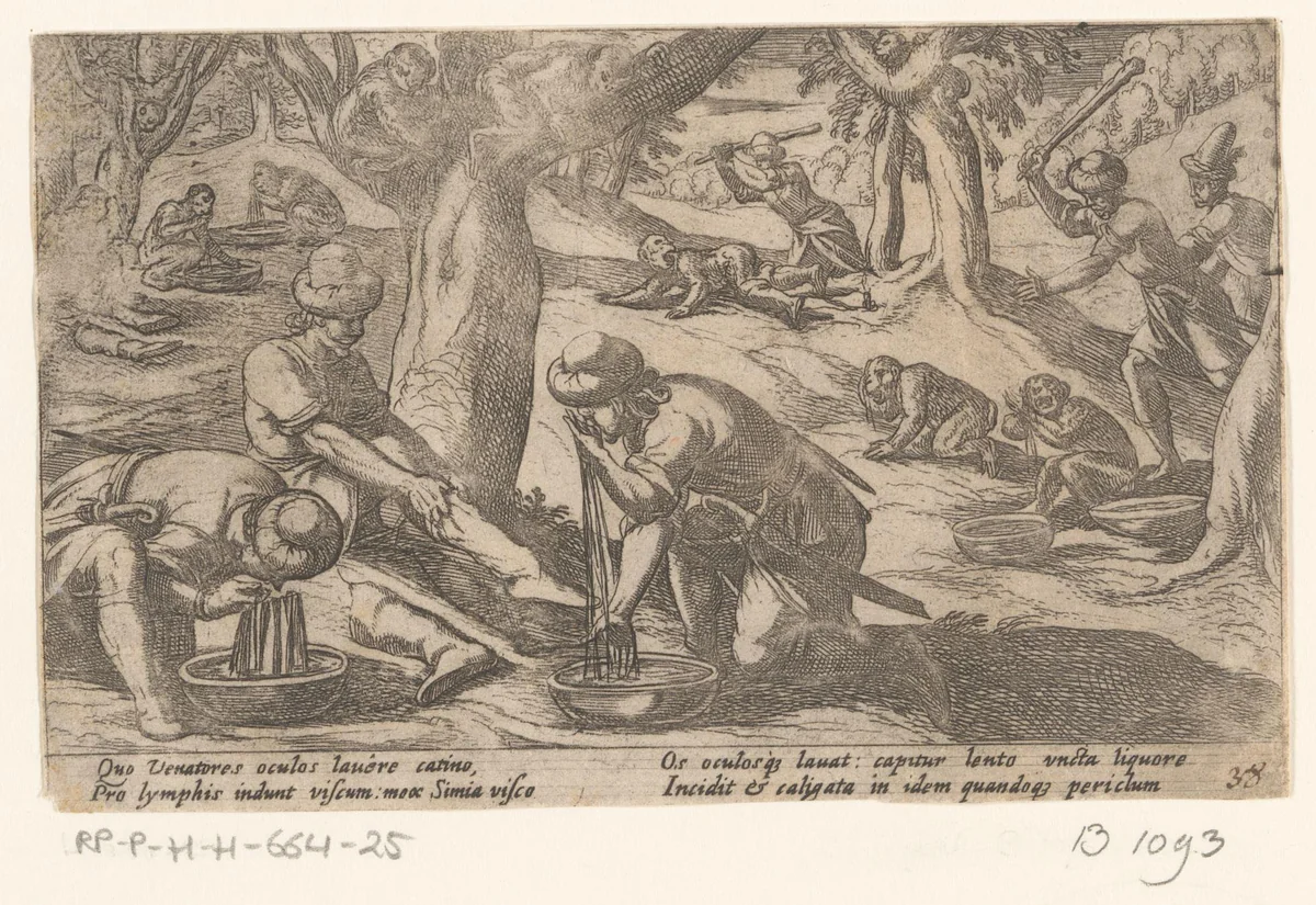 Jagers vangen apen by Antonio Tempesta, print, 1605