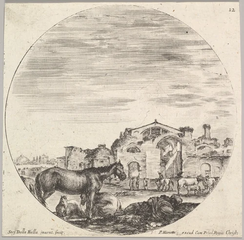 Plate 12: a shepherd sleeping on the ground, the Baths of Diocletian in the background, from "Roman landscapes and ruins" (Paysages et ruines de Rome) by Stefano della Bella, print, 1643-1648
