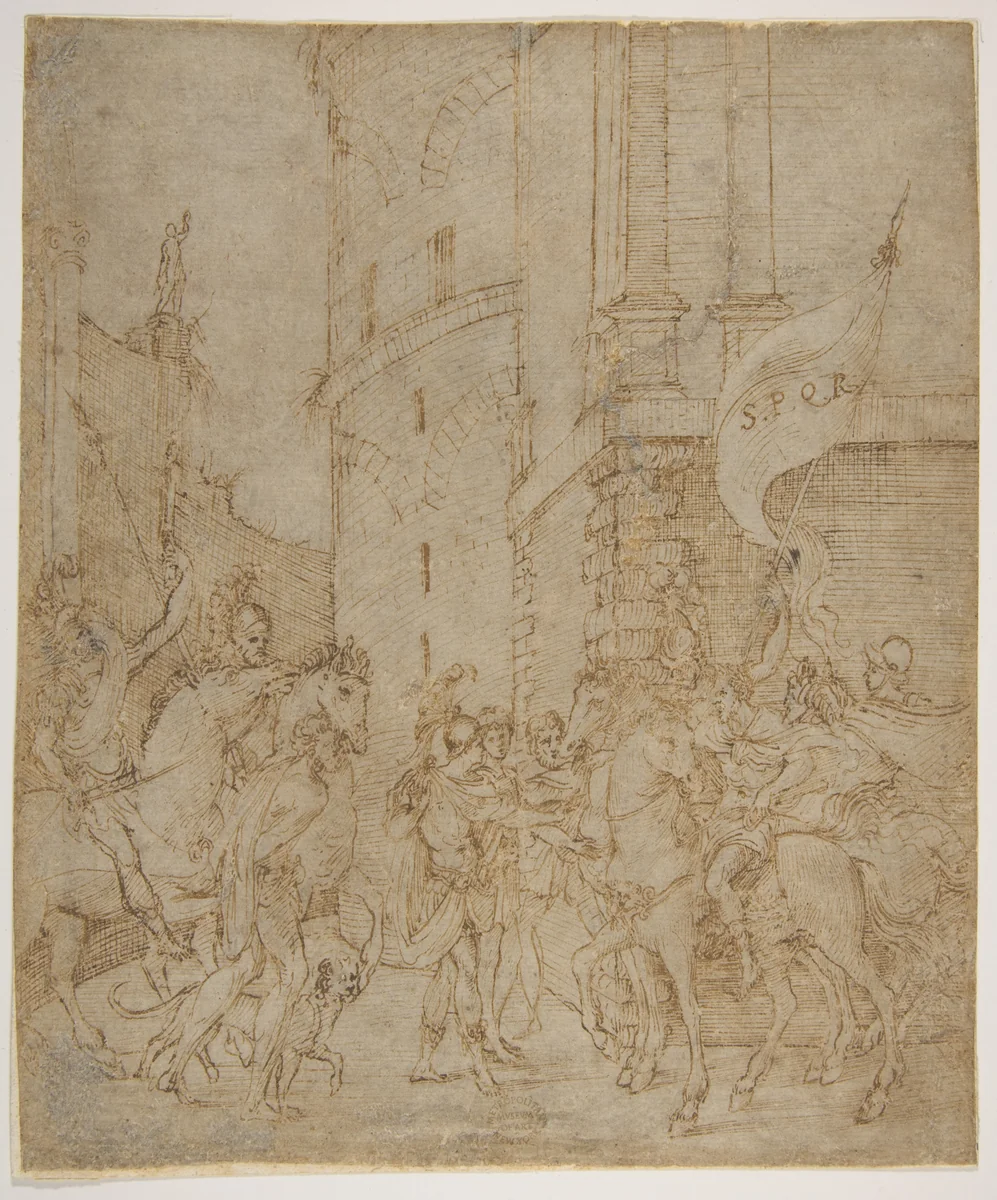 Emperor greeted by a warrior by Marcantonio Raimondi, drawing, 1500-1600